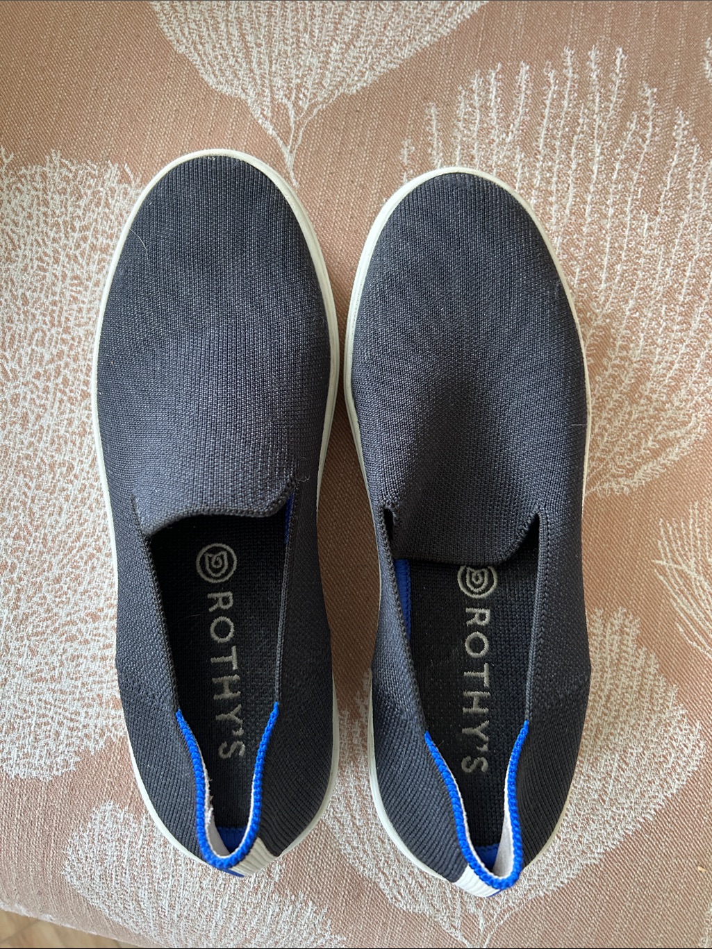 Rothy's Black Knit Slip-On Sneakers With Blue Trim